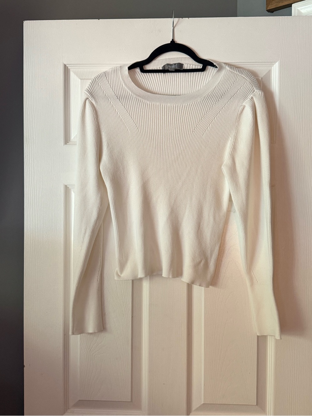 Marled White Ribbed Long-Sleeve Sweater